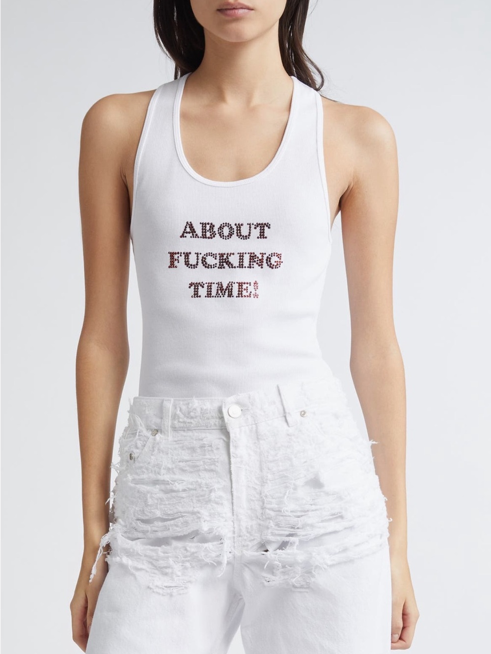 Stella McCartney White Ribbed Rhinestone Tank Top